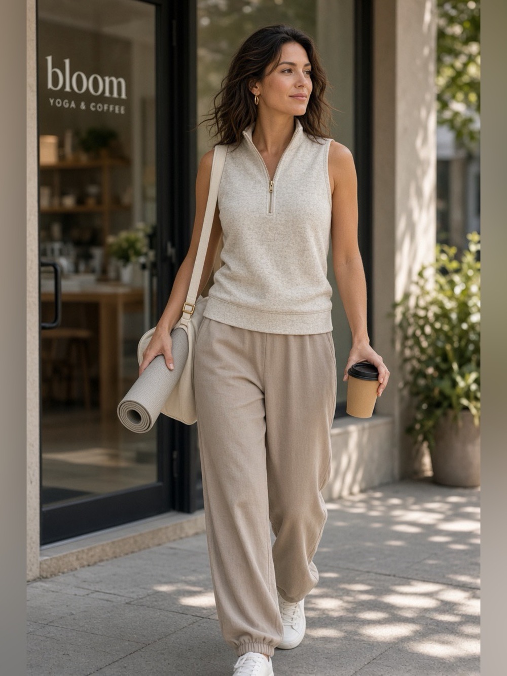 Varley Loretta Half-Zip Sleeveless Sweat — Ivory Marl, Size Large